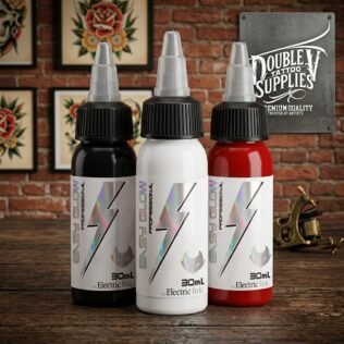 Gama Electric Ink Easy Glow: tintas para tatuaje Raven Black, Fine Line, Red, Ghost White y grises Sumi con registro AEMPS