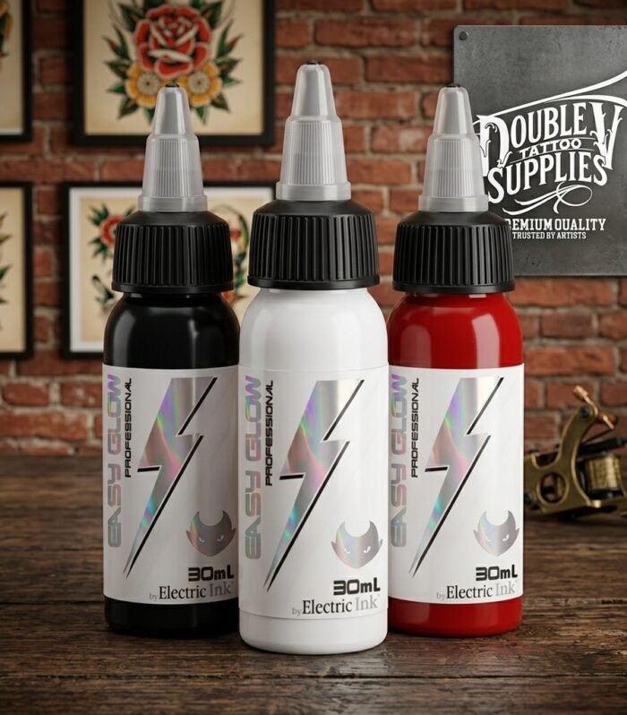 Electric Ink Easy Glow — Tintas para Tatuaje con Registro AEMPS Gama Electric Ink Easy Glow: tintas para tatuaje Raven Black, Fine Line, Red, Ghost White y grises Sumi con registro AEMPS